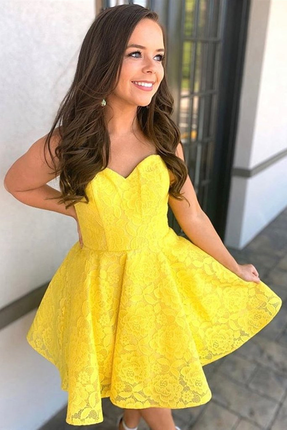 Sweetheart Neck Yellow Lace Short Prom Dresses, Yellow Lace Homecoming Eip Collection Sweetheart Neck Yellow Lace Short Prom Dresses, Yellow Lace Homecoming Eip Collection