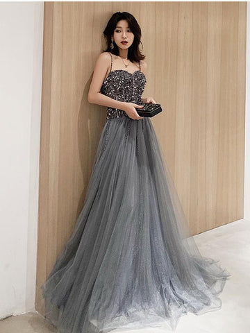 Sweetheart Neck Silver Gray Long Beaded Prom Dresses, Silver Gray Long Formal Evening Dresses with Beadings