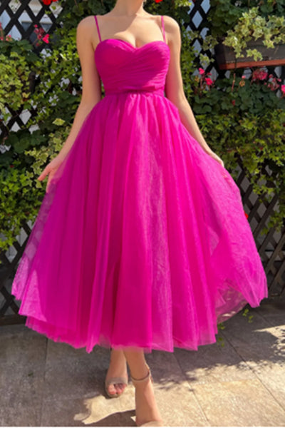Tea Length Hot Pink Prom Dresses, Tea Length Hot Pink Formal Homecoming Dresses