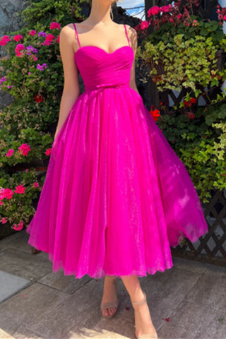 Tea Length Hot Pink Prom Dresses, Tea Length Hot Pink Formal Homecoming Dresses