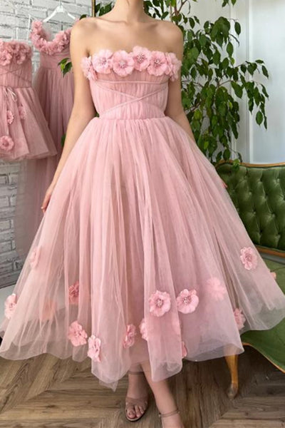 Tea Length Pink Floral Prom Dresses, Pink Tea Length Floral Formal Homecoming Dresses