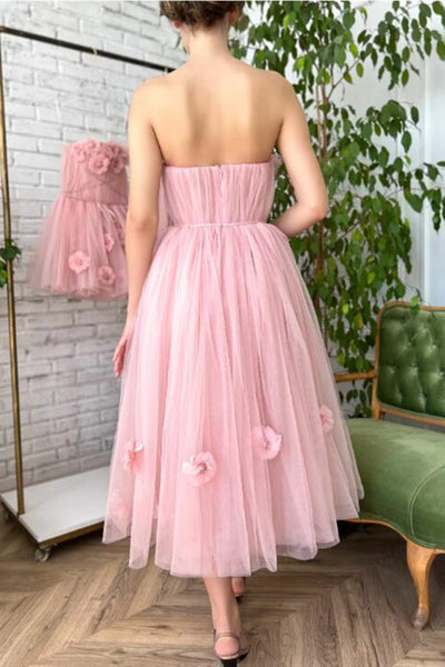 Tea Length Pink Floral Prom Dresses, Pink Tea Length Floral Formal Homecoming Dresses
