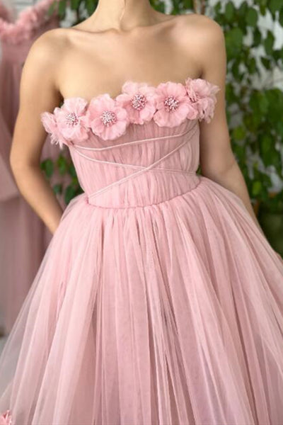 Tea Length Pink Floral Prom Dresses, Pink Tea Length Floral Formal Homecoming Dresses