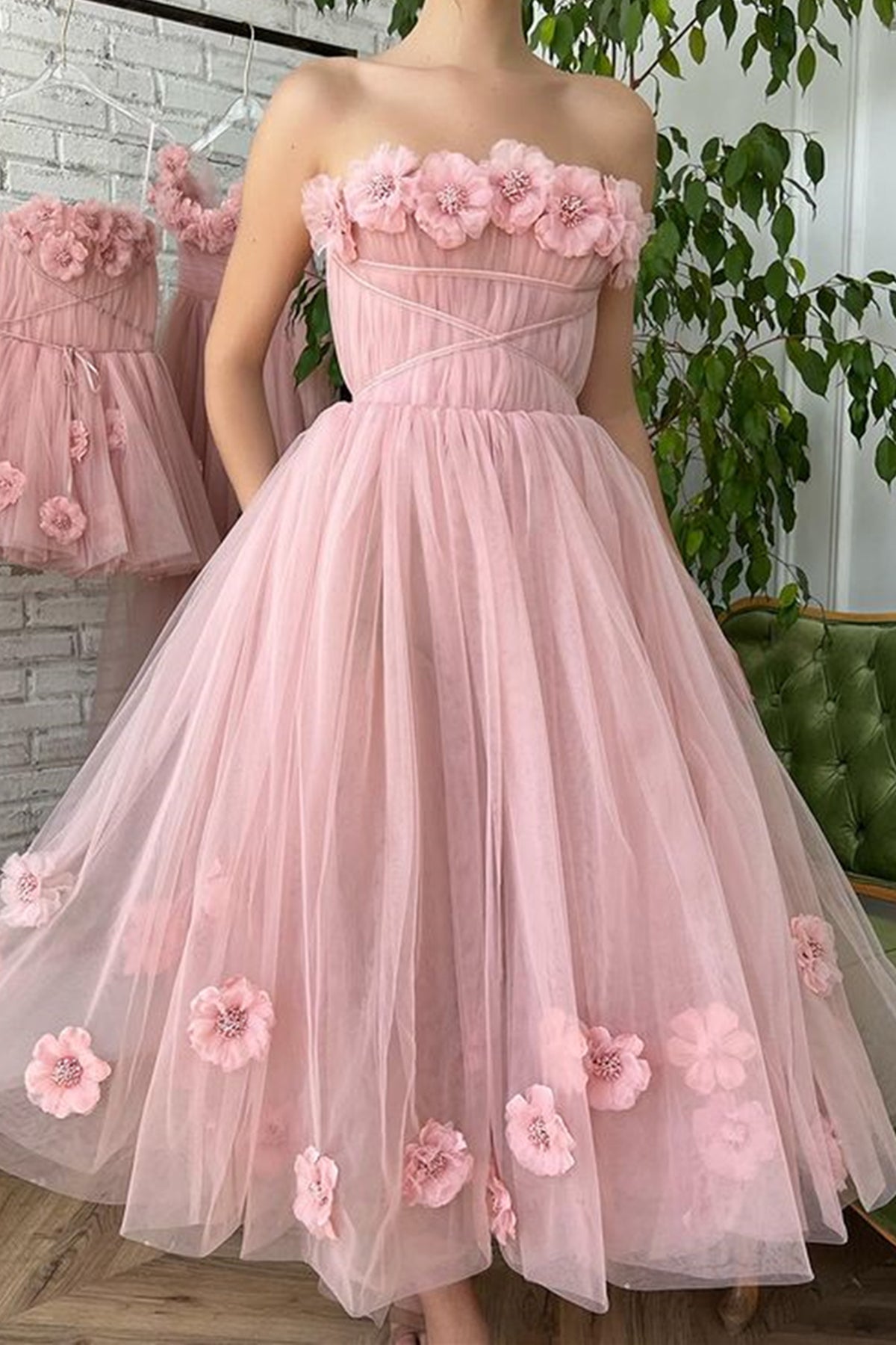 Tea Length Pink Floral Prom Dresses, Pink Tea Length Floral Formal Hom Eip Collection Tea Length Pink Floral Prom Dresses, Pink Tea Length Floral Formal Hom Eip Collection