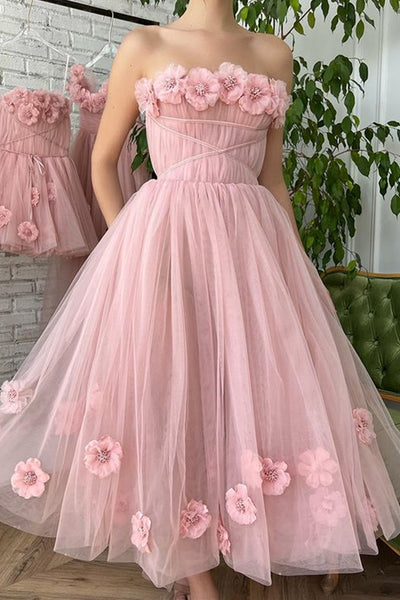 Tea Length Pink Floral Prom Dresses, Pink Tea Length Floral Formal Homecoming Dresses
