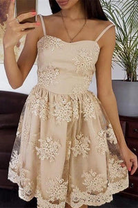 Thin Straps Champagne Lace Short Prom Dresses, Champagne Lace Homecoming Dresses, Champagne Formal Evening Dresses EP1553