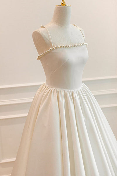 Thin Straps Open Back Ivory Satin Long Prom Dresses with Pearls, Long Ivory Formal Graduation Evening Dresses EP1685