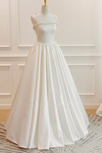 Thin Straps Open Back Ivory Satin Long Prom Dresses with Pearls, Long Ivory Formal Graduation Evening Dresses EP1685