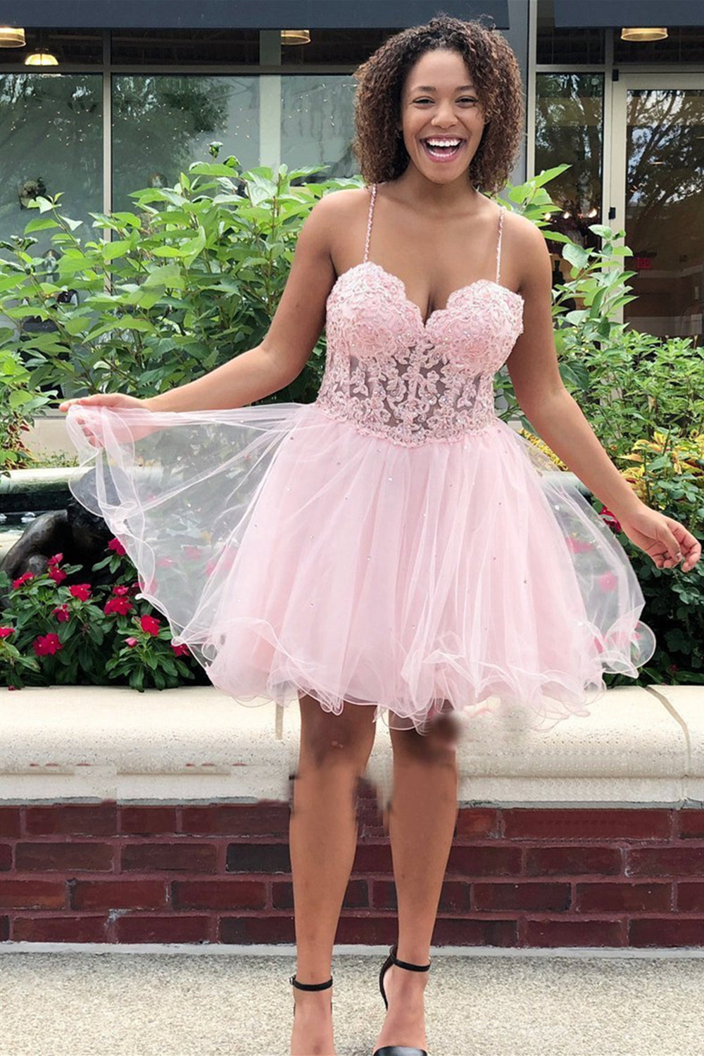 Thin Straps Sweetheart Neck Pink Lace Short Prom Homecoming Dresses, Pink Lace Formal Dresses, Pink Evening Dresses EP1558