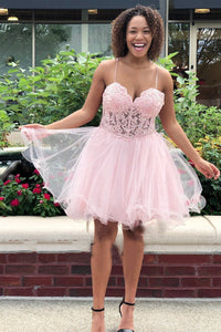 Thin Straps Sweetheart Neck Pink Lace Short Prom Homecoming