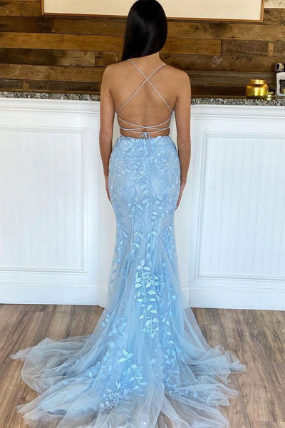 Two Pieces Backless Blue Lace Long Prom Dresses, Mermaid Blue Lace Formal Graduation Evening Dresses EP1708