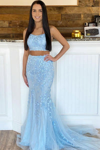 Two Pieces Backless Blue Lace Long Prom Dresses, Mermaid Blue Lace Formal Graduation Evening Dresses EP1708