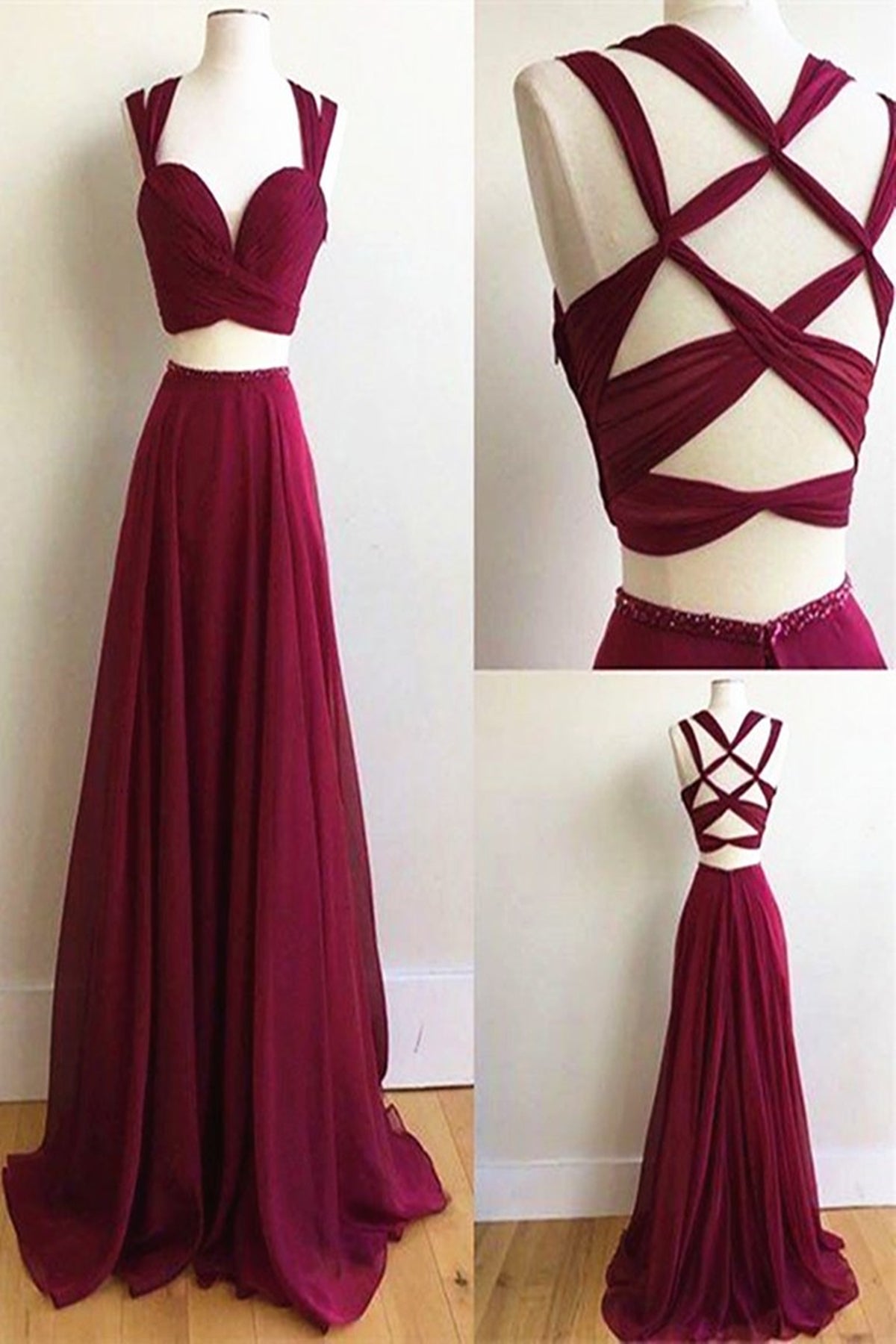 Two Pieces Burgundy Chiffon Long Prom Dresses, 2 Pieces Wine Red Long Eip Collection Two Pieces Burgundy Chiffon Long Prom Dresses, 2 Pieces Wine Red Long Eip Collection