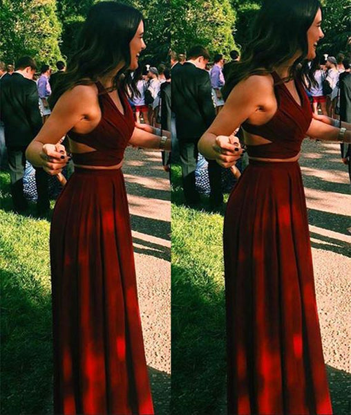 Two Pieces Burgundy Long Prom Dresses, Dark Red 2 Pieces Long Formal Bridesmaid Dresses