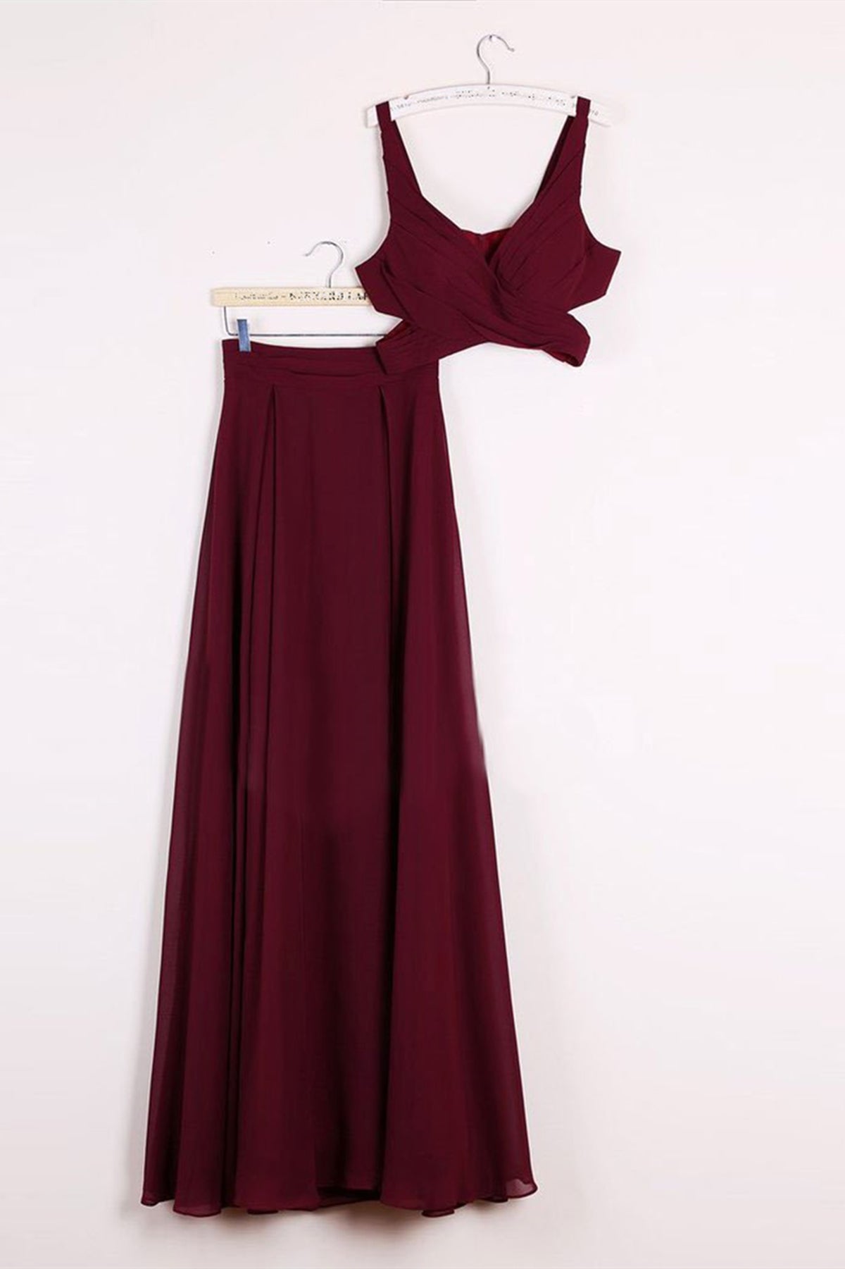 Two Pieces Burgundy Long Prom Dresses, Dark Red 2 Pieces Long Formal Bridesmaid Dresses