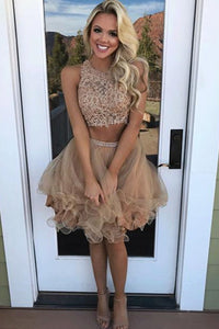 Two Pieces Champagne Lace Short Prom Homecoming Dresses, Champagne Lace Formal Graduation Evening Dresses EP1572