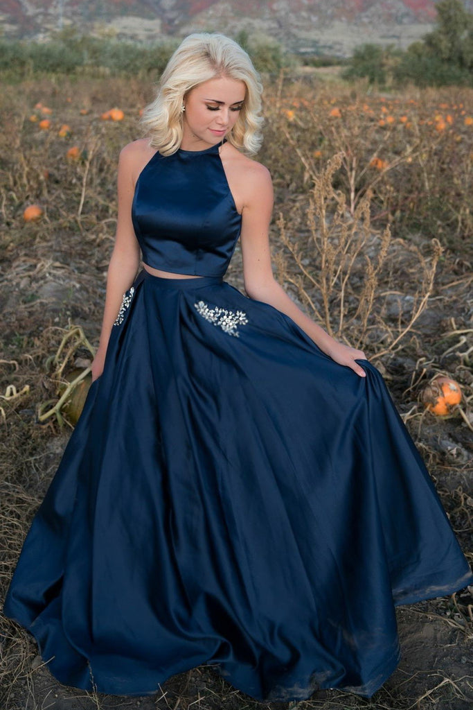 Two Pieces Green/Dark Blue Satin Long Prom Dresses with Pocket, Green/ Eip Collection Two Pieces Green/Dark Blue Satin Long Prom Dresses with Pocket, Green/ Eip Collection