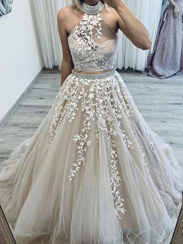 Two Pieces High Neck Champagne Lace Wedding Dresses, 2 Pieces Champagne Lace Prom Formal Dresses