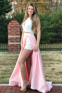 Two Pieces High Slit Pink Long Prom Dresses with White Lace Top, 2 Pieces Pink Formal Graduation Evening Dresses EP1458