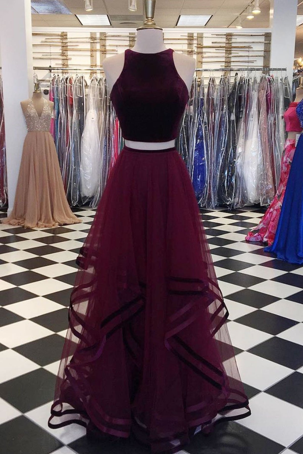 Burgundy Two Piece Prom Dress Sale Online | bellvalefarms.com
