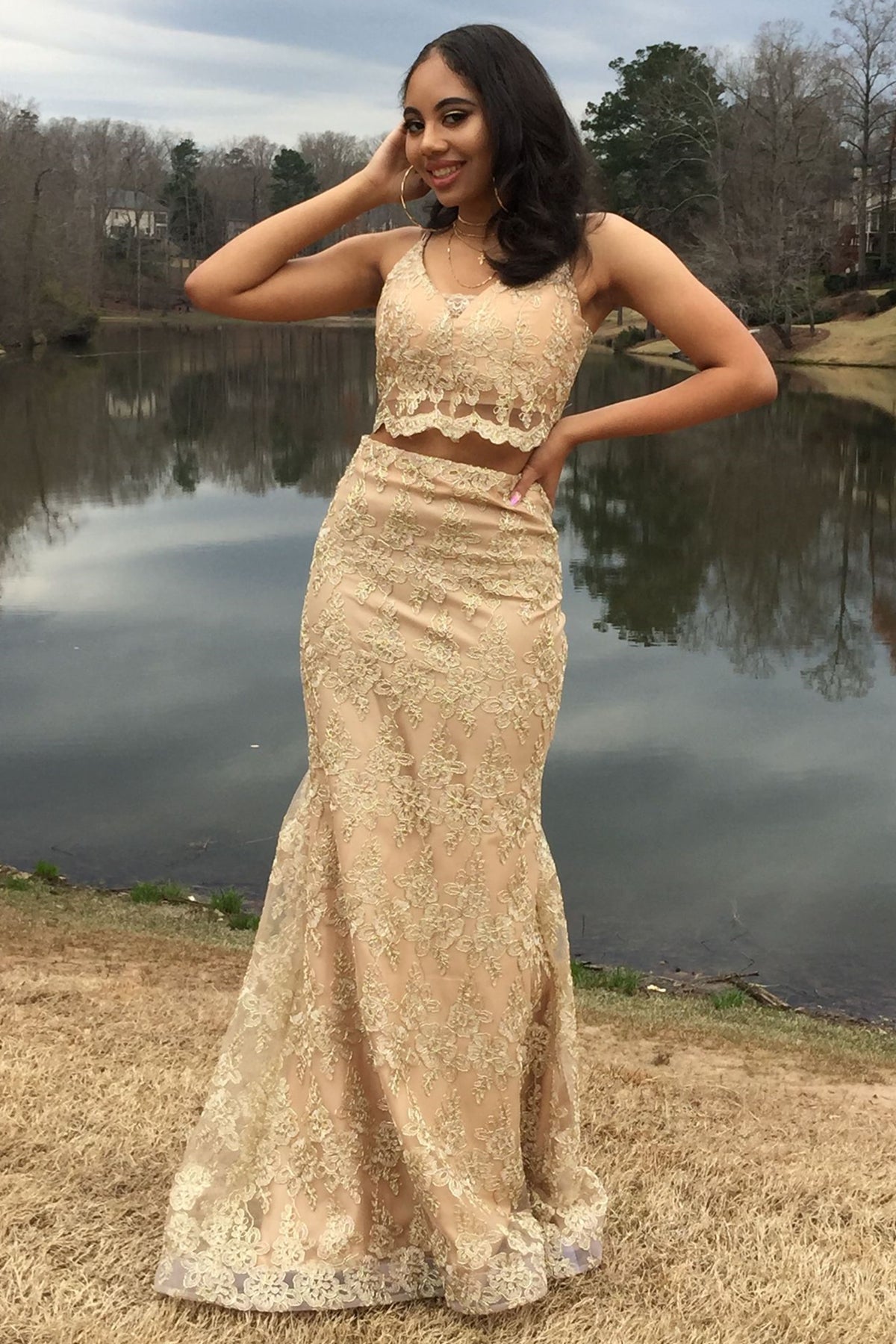 Two Pieces Mermaid Champagne Lace Long Prom Dresses, 2 Pieces Champagne Formal Dresses, Champagne Lace Evening Dresses EP1509 Two Pieces Mermaid Champagne Lace Long Prom Dresses, 2 Pieces Champagne Formal Dresses, Champagne Lace Evening Dresses EP1509