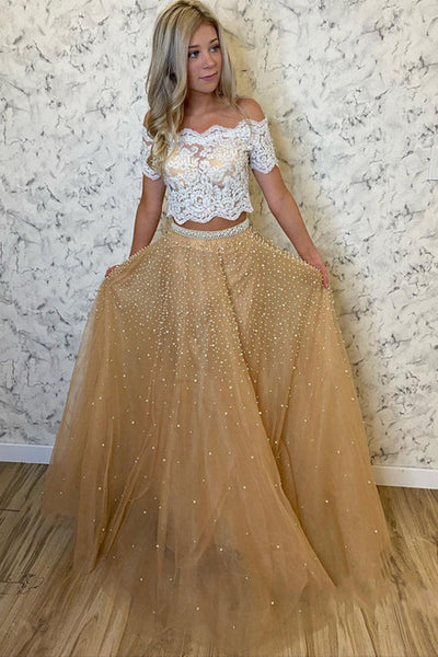 Two Pieces Off Shoulder Beaded Champagne Long Prom Dresses with Lace Top, Two Piece Champagne Lace Formal Evening Dresses EP1722