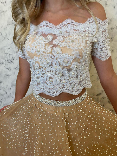 Two Pieces Off Shoulder Beaded Champagne Long Prom Dresses with Lace Top, Two Piece Champagne Lace Formal Evening Dresses EP1722