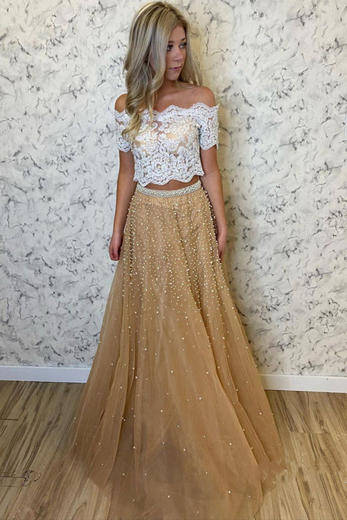 champagne two piece dress 2025 Champagne Two Piece Prom Dresses UK High Neck Lace Evening Dress Pink / US4