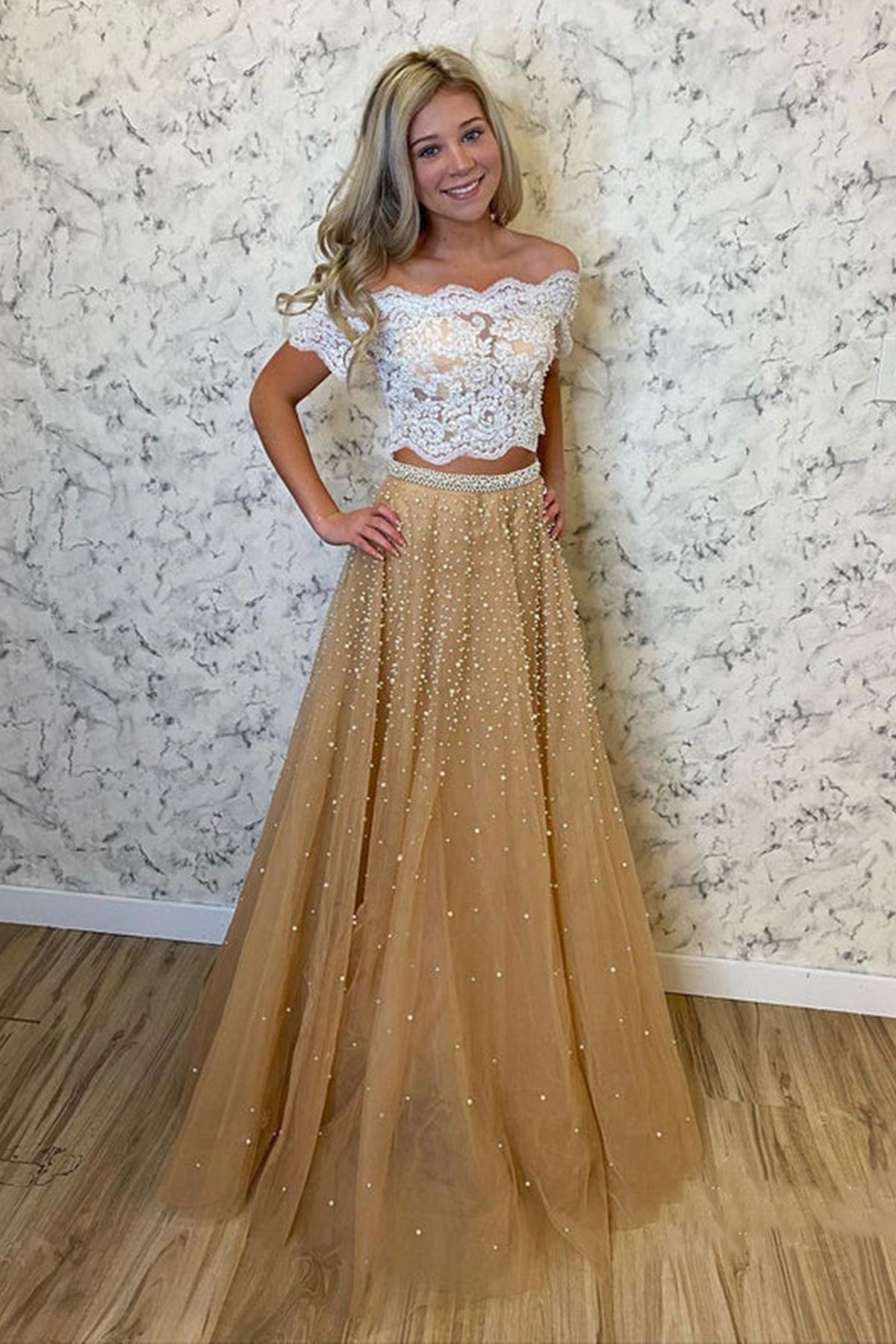 Two Pieces Off Shoulder Beaded Champagne Long Prom Dresses with Lace Top, Two Piece Champagne Lace Formal Evening Dresses EP1722