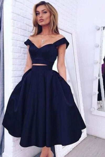 Two Pieces Off Shoulder Short Navy Blue Prom Dresses, 2 Pieces Navy Blue Homecoming Dresses, Short Navy Blue Formal Evening Dresses