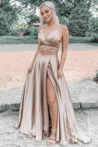 Two Pieces V Neck Champagne Satin Long Prom Dresses, 2 Pieces Champagne Formal Graduation Evening Dresses EP1388