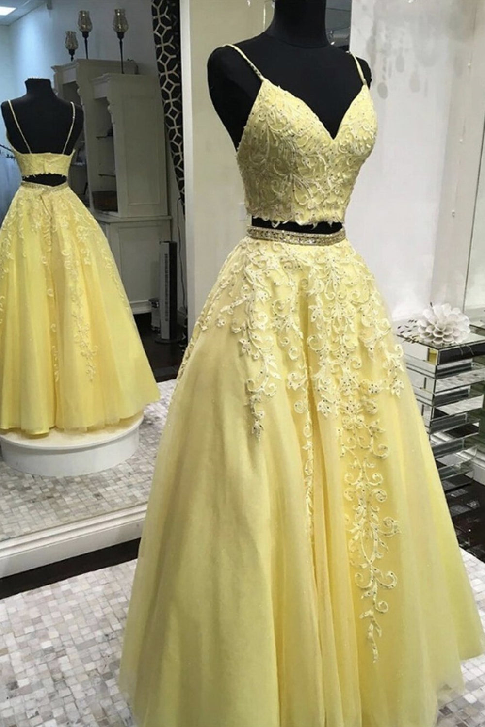 Two Pieces V Neck Yellow Lace Long Prom Dresses, 2 Pieces Yellow Forma Eip Collection Two Pieces V Neck Yellow Lace Long Prom Dresses, 2 Pieces Yellow Forma Eip Collection