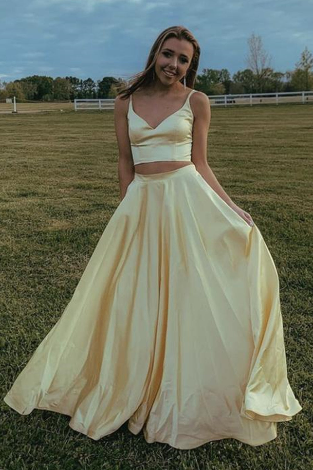 Two Pieces V Neck Yellow Satin Long Prom Dresses, 2 Pieces Yellow Formal Graduation Evening Dresses EP1369