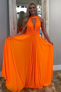 Unique A Line V Neck Orange Long Prom Dresses, V Neck Orange Formal Graduation Evening Dresses EP1628