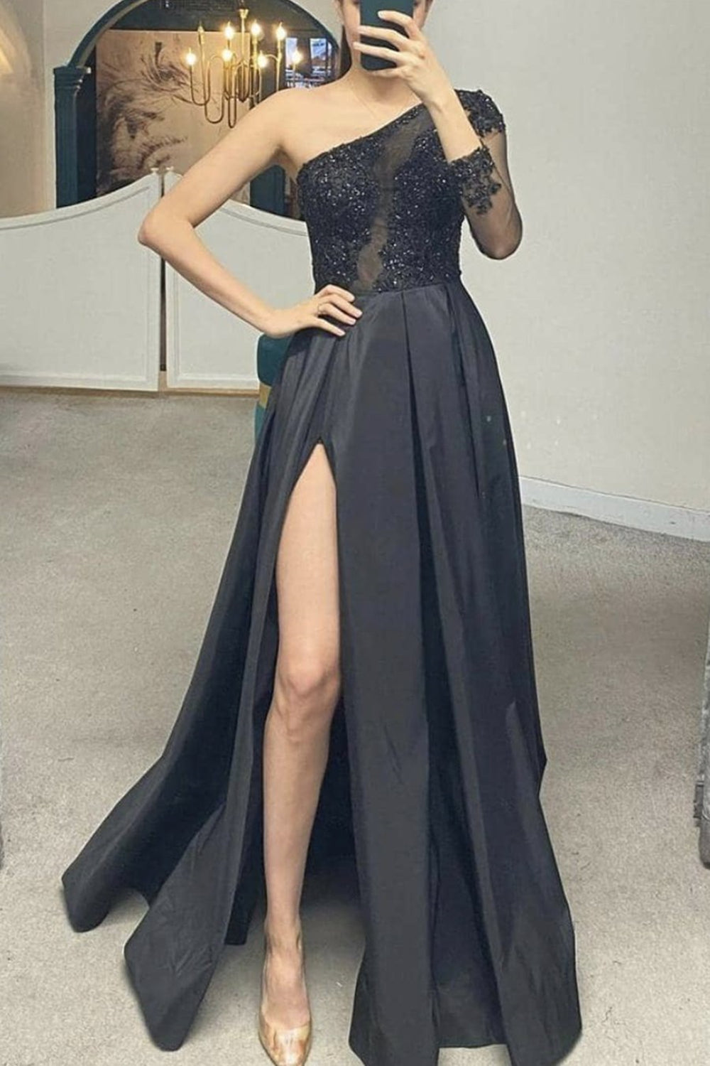 Unique One Shoulder Black Lace Long Prom Dresses with High Slit, Black Lace Formal Dresses, Black Evening Dresses