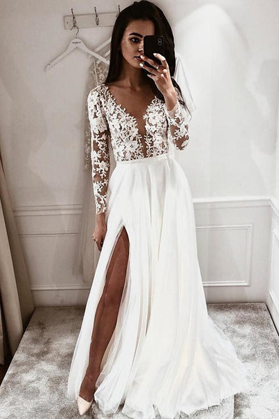 Deep V-neck Long Sleeves White Lace Wedding Dress with Split, White Lace Long Prom Dress, White Formal Evening Dress