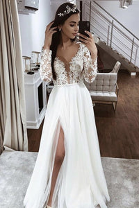 Deep V-neck Long Sleeves White Lace Wedding Dress with Split, White Lace Long Prom Dress, White Formal Evening Dress