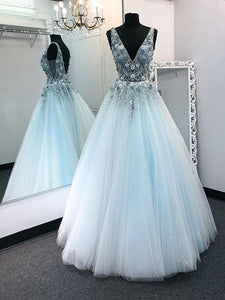 V Neck 3D Floral Blue Lace Beaded Long Prom Dresses, Blue Lace Floral Formal Evening Dresses