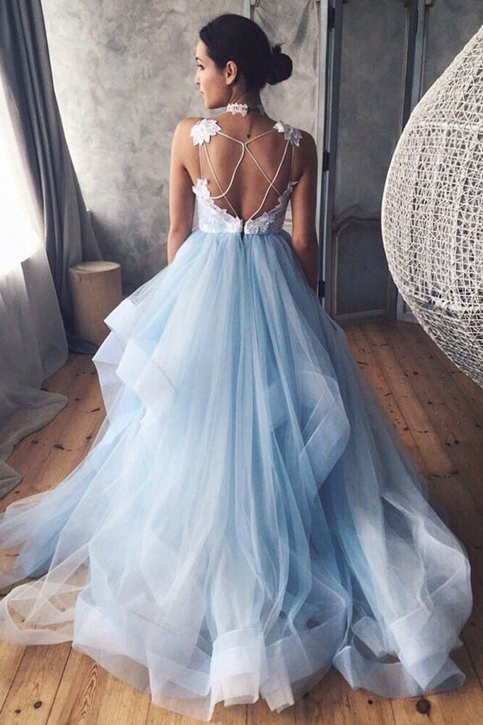 V Neck Backless Blue Long Prom Dresses with White Lace Appliques