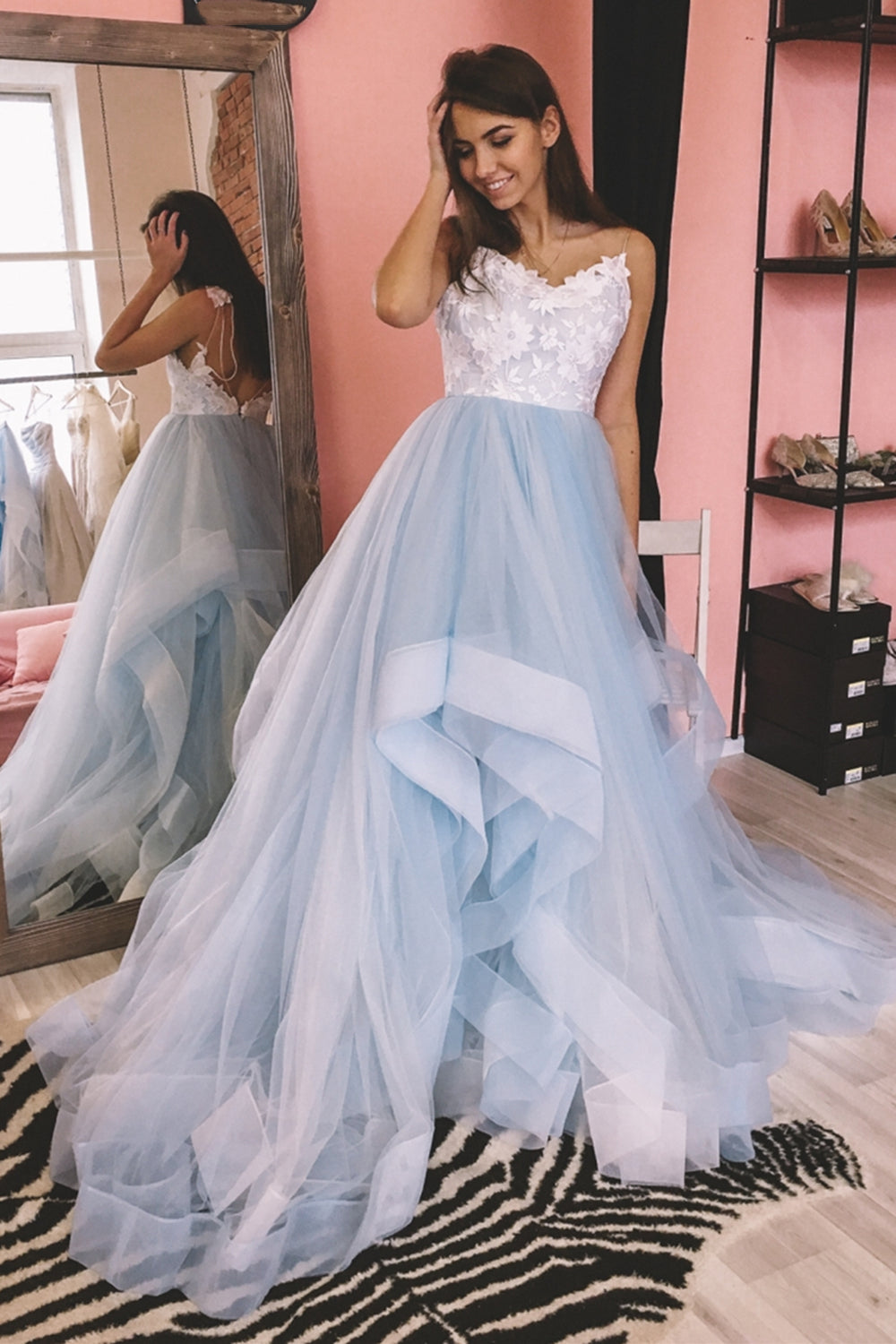 V Neck Backless Blue Long Prom Dresses with White Lace Appliques, Backless Blue Formal Evening Dresses, Blue Ball Gown EP1548