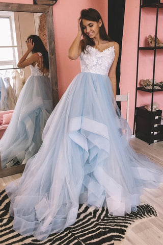 V Neck Backless Blue Long Prom Dresses with White Lace Appliques, Backless Blue Formal Evening Dresses, Blue Ball Gown EP1548