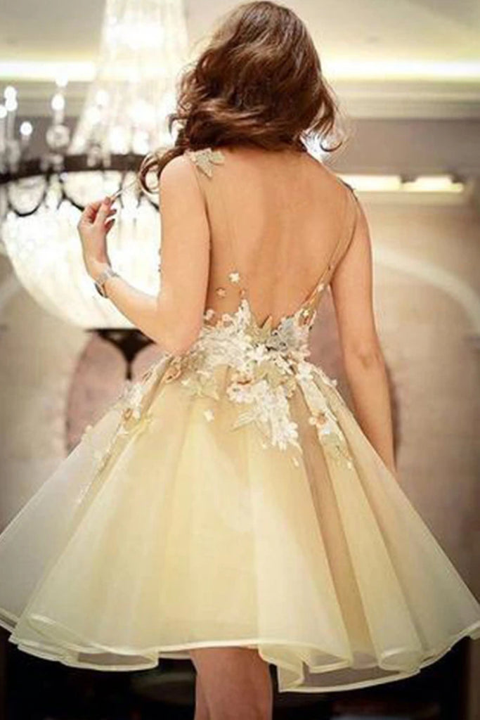 V Neck Backless Champagne Lace Floral Prom Homecoming Dresses, 3D Flow Eip Collection V Neck Backless Champagne Lace Floral Prom Homecoming Dresses, 3D Flow Eip Collection