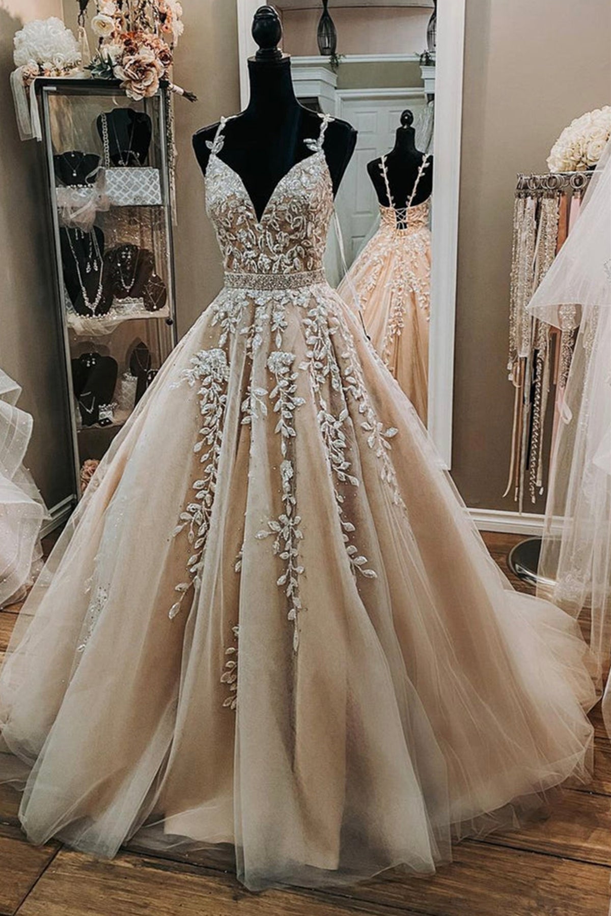 V Neck Backless Champagne Tulle Lace Long Prom Dresses, Champagne Lace Eip Collection V Neck Backless Champagne Tulle Lace Long Prom Dresses, Champagne Lace Eip Collection
