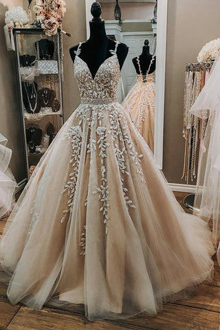 V Neck Backless Champagne Tulle Lace Long Prom Dresses, Champagne Lace Formal Evening Dresses, Champagne Ball Gown EP1766