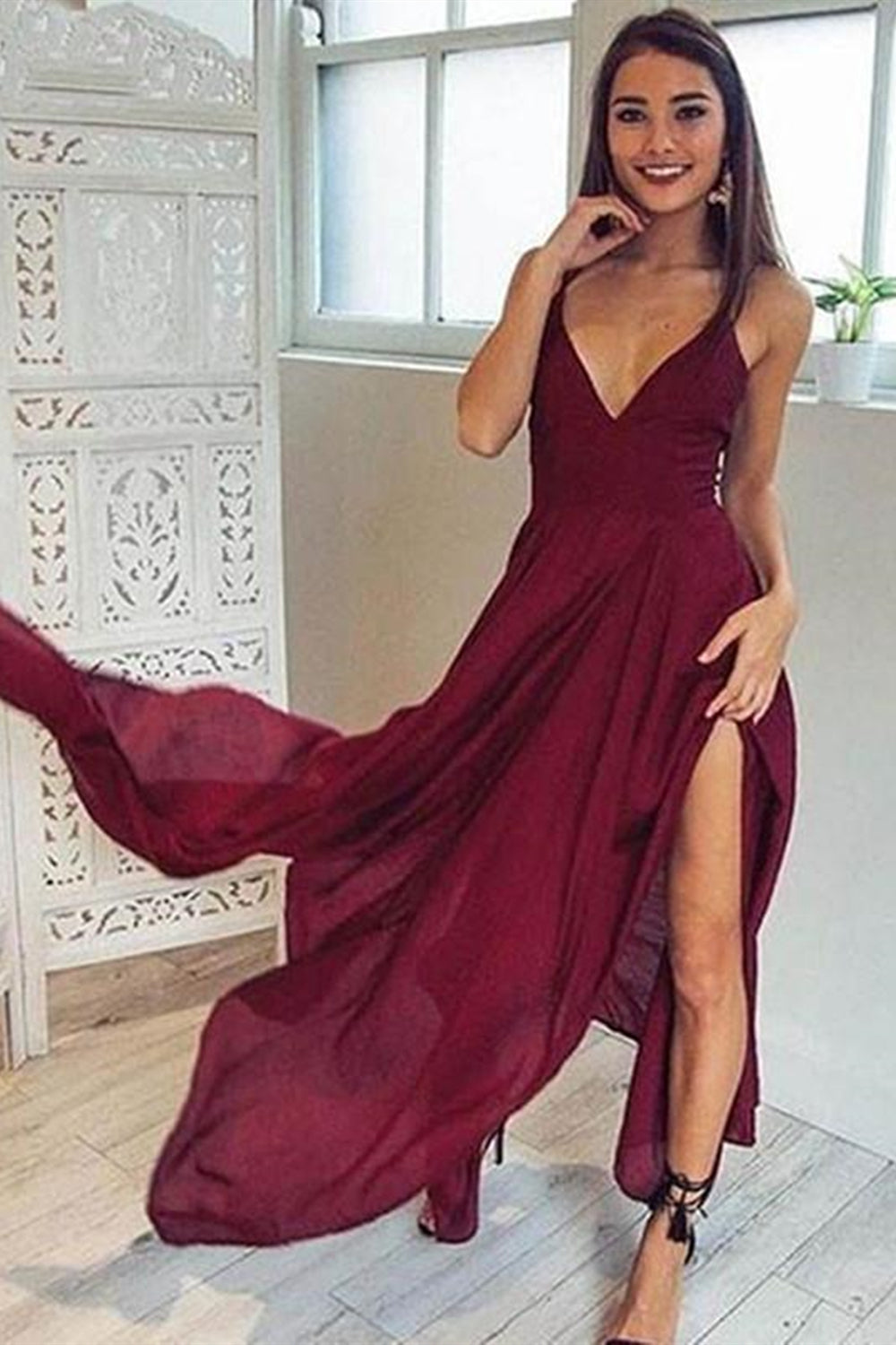 V Neck Backless Long Maroon/Burgundy Prom Dresses, Maroon/Burgundy Backless Formal Evening Dresses, Maroon/Burgundy Bridesmaid Dresses