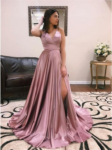 V Neck Backless Long Prom Dresses with Leg Slit, Cross Back Long Formal Evening Dresses