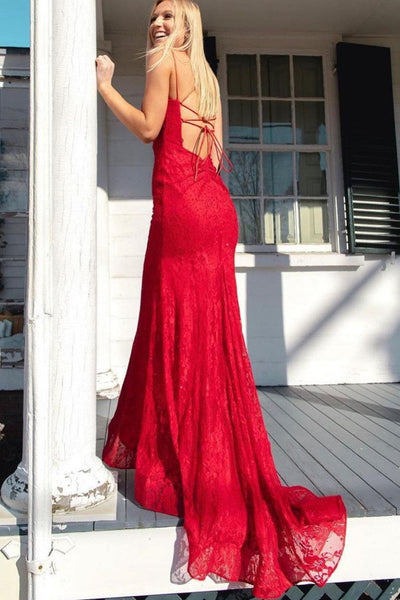 V Neck Backless Mermaid Red Lace Long Prom Dresses, Mermaid Red Formal Dresses, Red Lace Evening Dresses EP1814