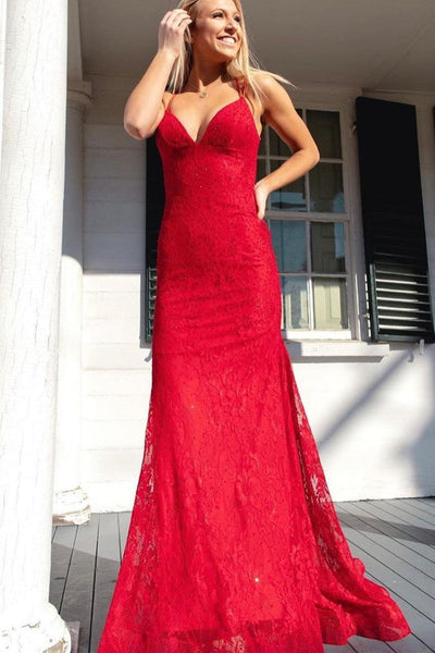 V Neck Backless Mermaid Red Lace Long Prom Dresses, Mermaid Red Formal Dresses, Red Lace Evening Dresses EP1814