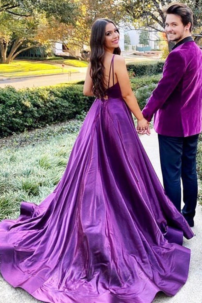 Simple V Neck Backless Purple Satin Long Prom Dresses, V Neck