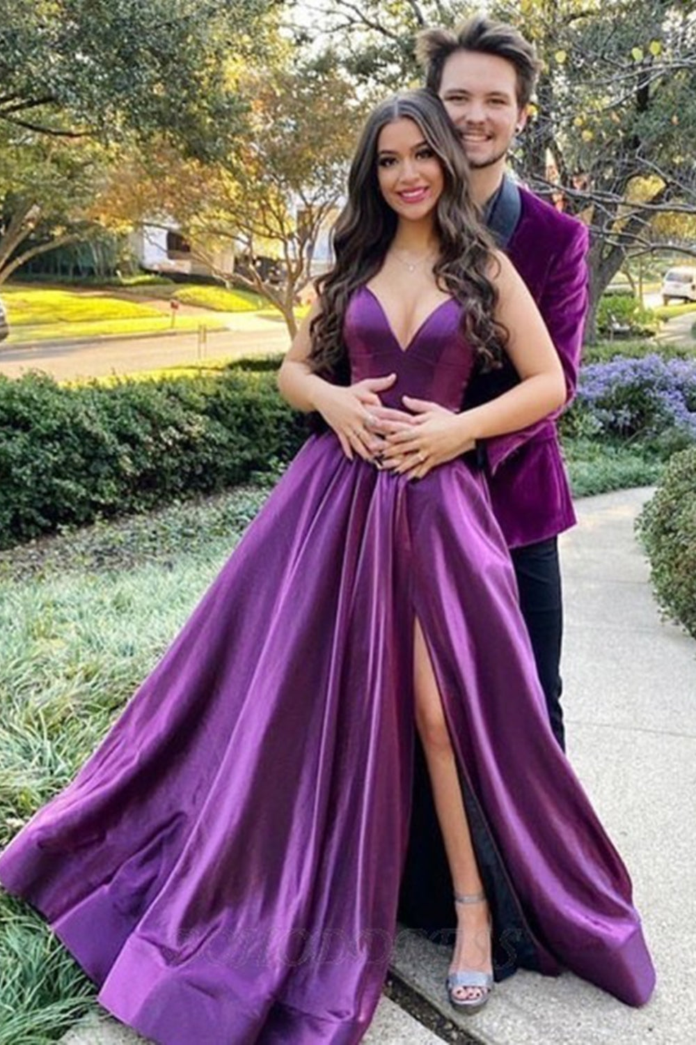 V Neck Backless Purple Long Prom Dresses with High Slit, Open Back